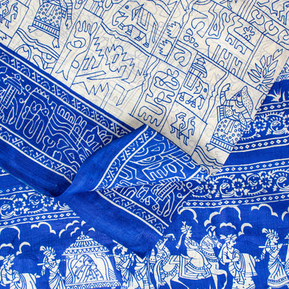Sanskriti Vintage Royal Blue-White Pure Soft Silk Saree Geometric Print 5+Yd