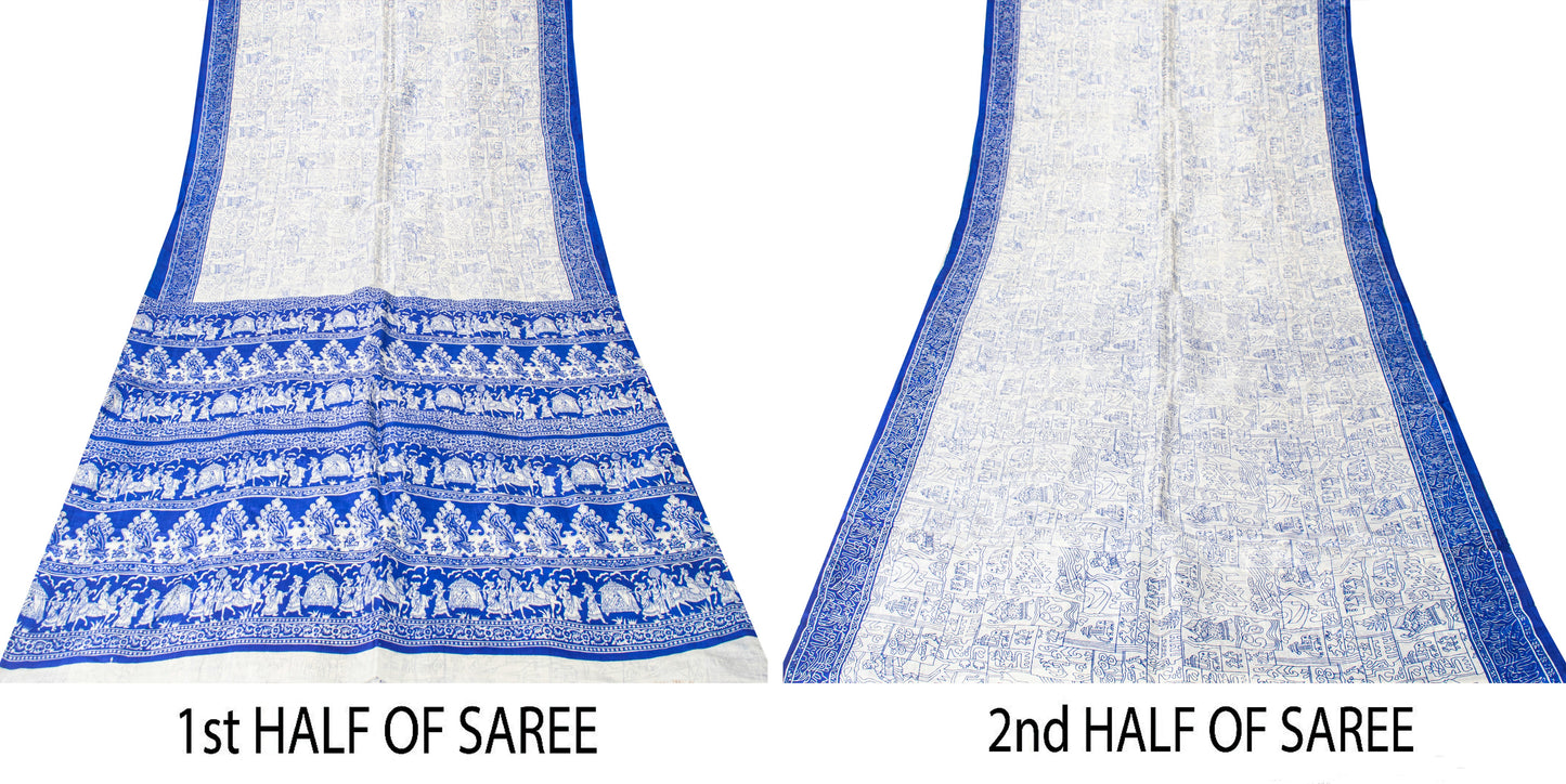 Sanskriti Vintage Royal Blue-White Pure Soft Silk Saree Geometric Print 5+Yd