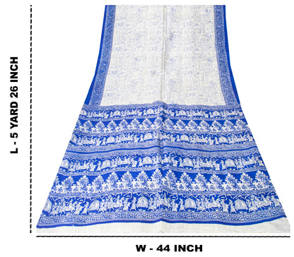 Sanskriti Vintage Royal Blue-White Pure Soft Silk Saree Geometric Print 5+Yd