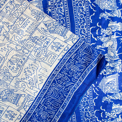 Sanskriti Vintage Royal Blue-White Pure Soft Silk Saree Geometric Print 5+Yd