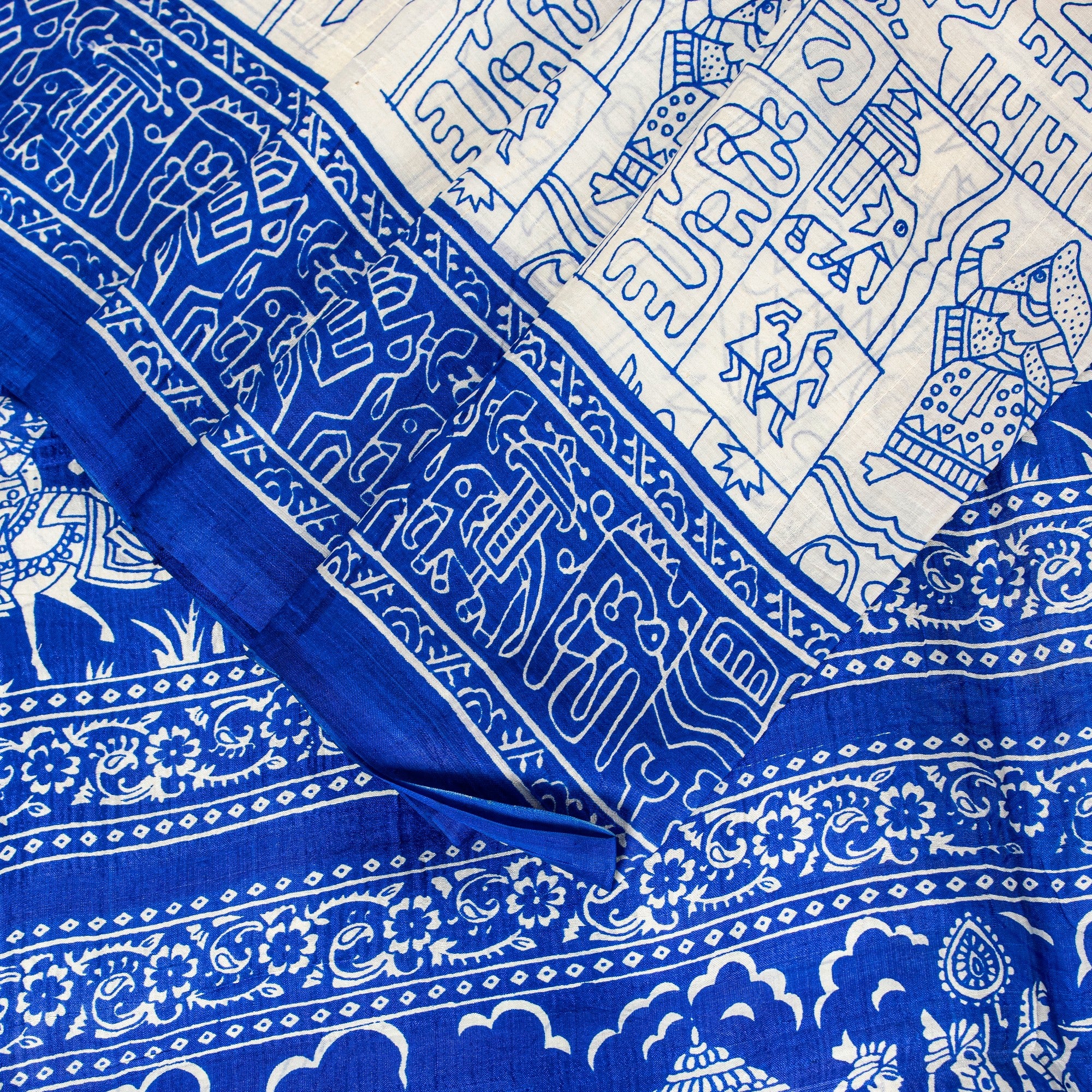 Sanskriti Vintage Royal Blue-White Pure Soft Silk Saree Geometric Print 5+Yd