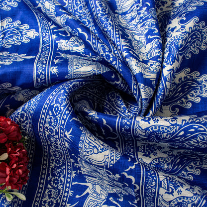 Sanskriti Vintage Royal Blue-White Pure Soft Silk Saree Geometric Print 5+Yd