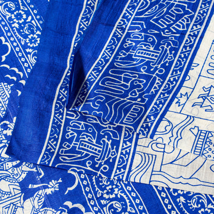 Sanskriti Vintage Royal Blue-White Pure Soft Silk Saree Geometric Print 5+Yd