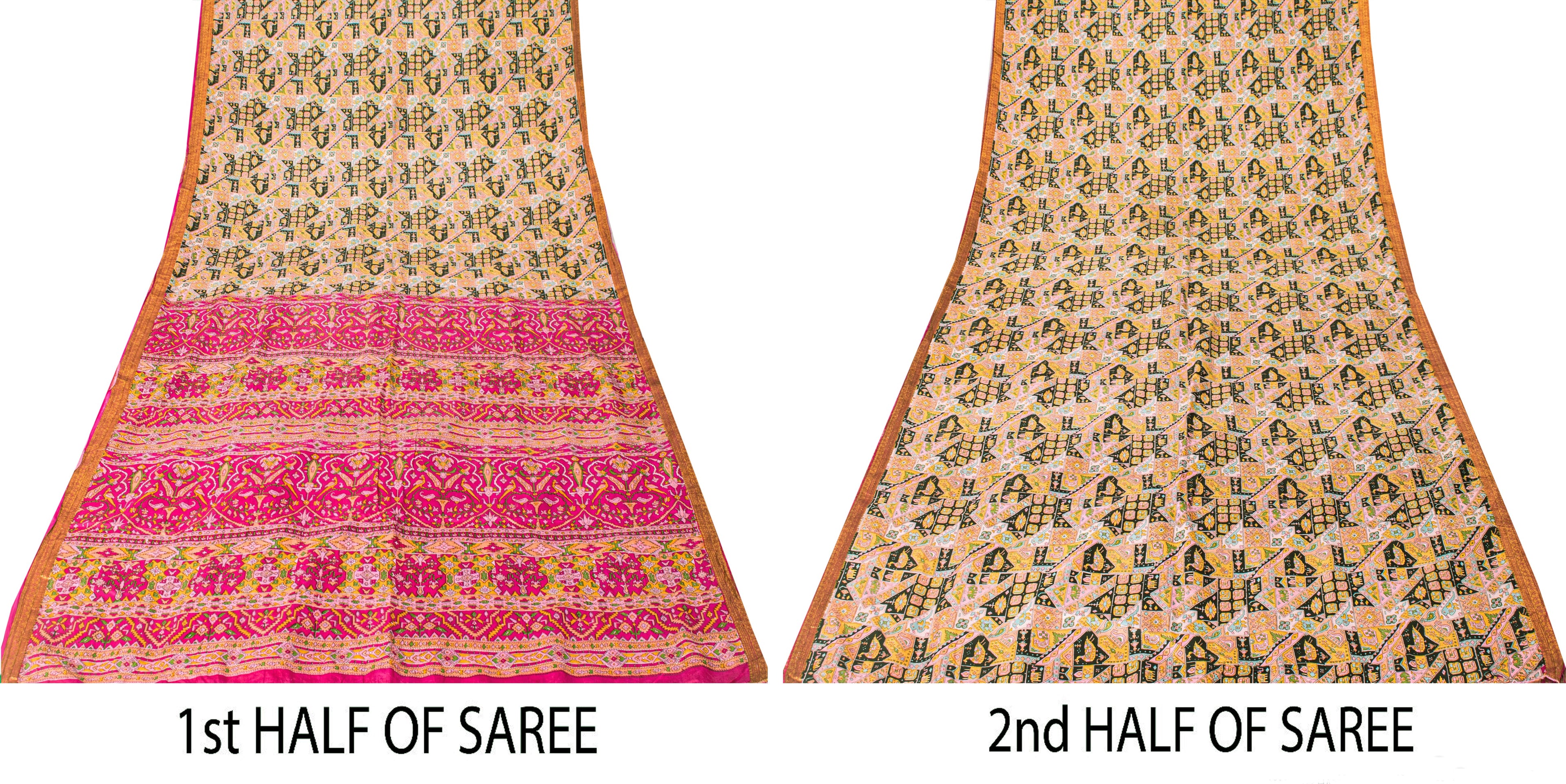 Sanskriti Vintage Pink Sari Soft Pure Silk Ikat Patola Print Gujrat Saree 5.5Yd