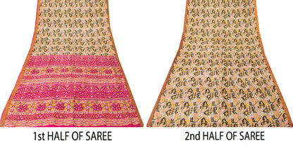 Sanskriti Vintage Pink Sari Soft Pure Silk Ikat Patola Print Gujrat Saree 5.5Yd