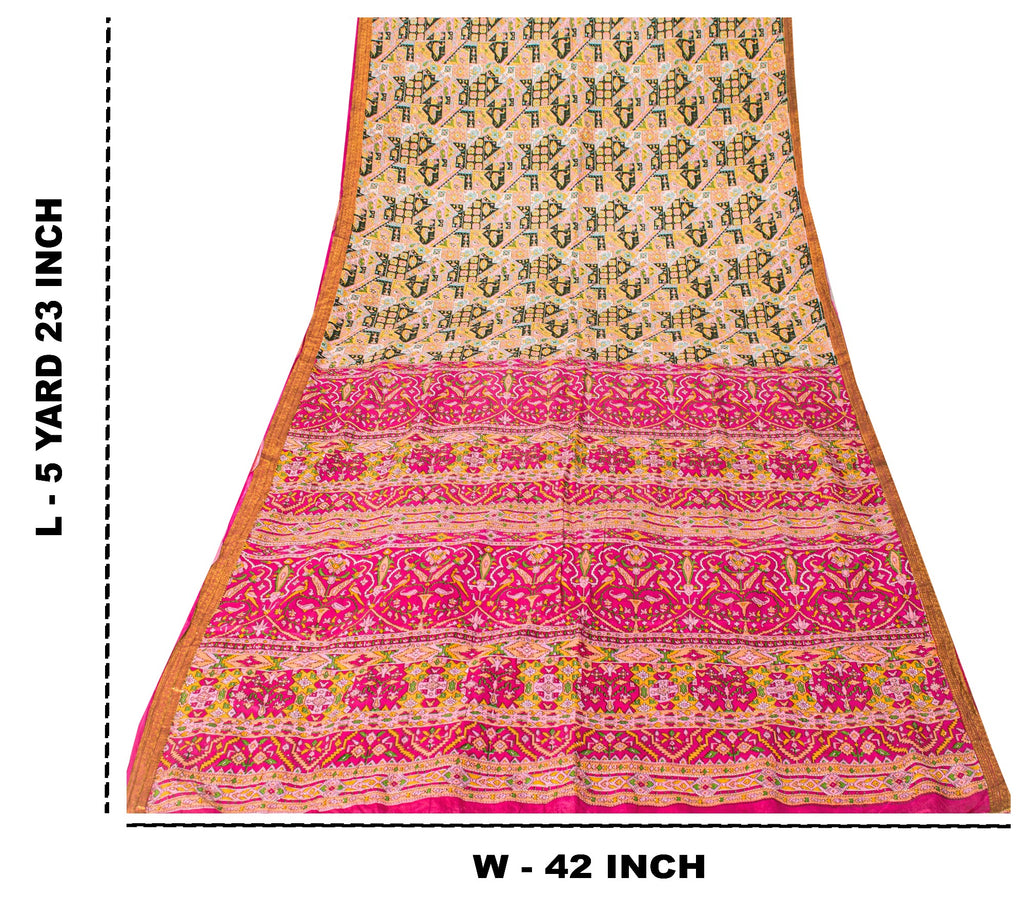 Sanskriti Vintage Pink Sari Soft Pure Silk Ikat Patola Print Gujrat Saree 5.5Yd