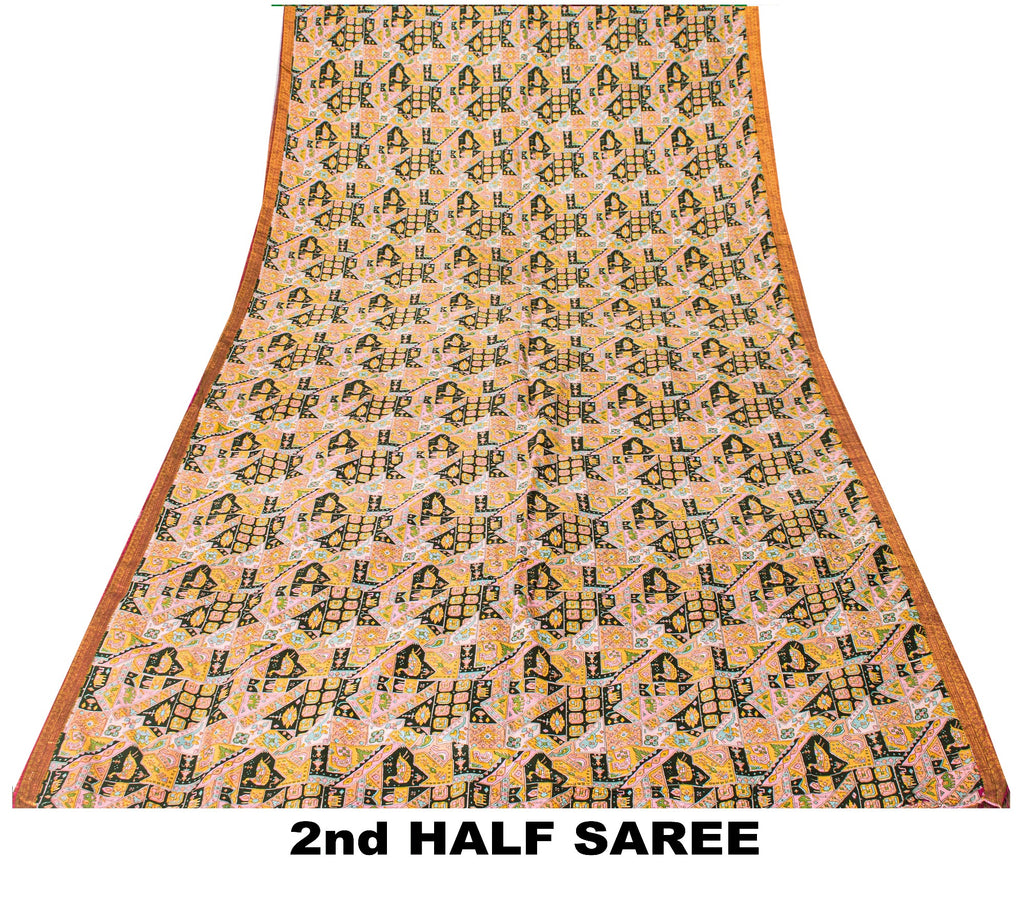 Sanskriti Vintage Pink Sari Soft Pure Silk Ikat Patola Print Gujrat Saree 5.5Yd