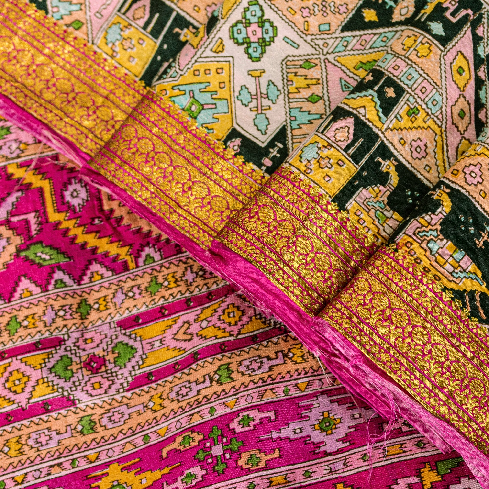 Sanskriti Vintage Pink Sari Soft Pure Silk Ikat Patola Print Gujrat Saree 5.5Yd