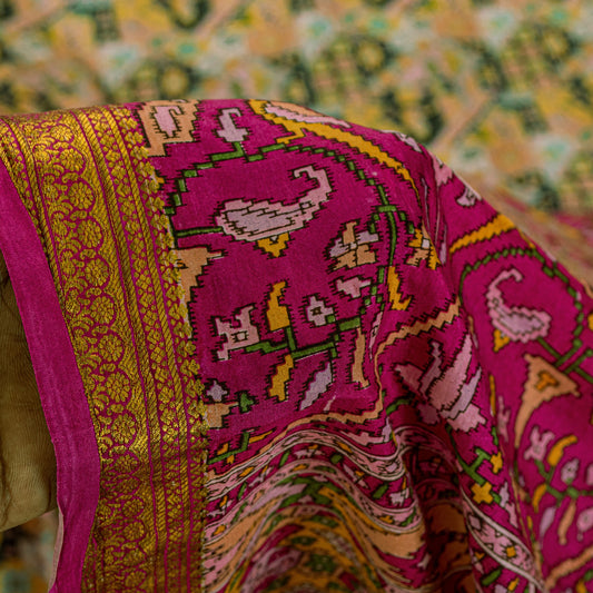Sanskriti Vintage Pink Sari Soft Pure Silk Ikat Patola Print Gujrat Saree 5.5Yd