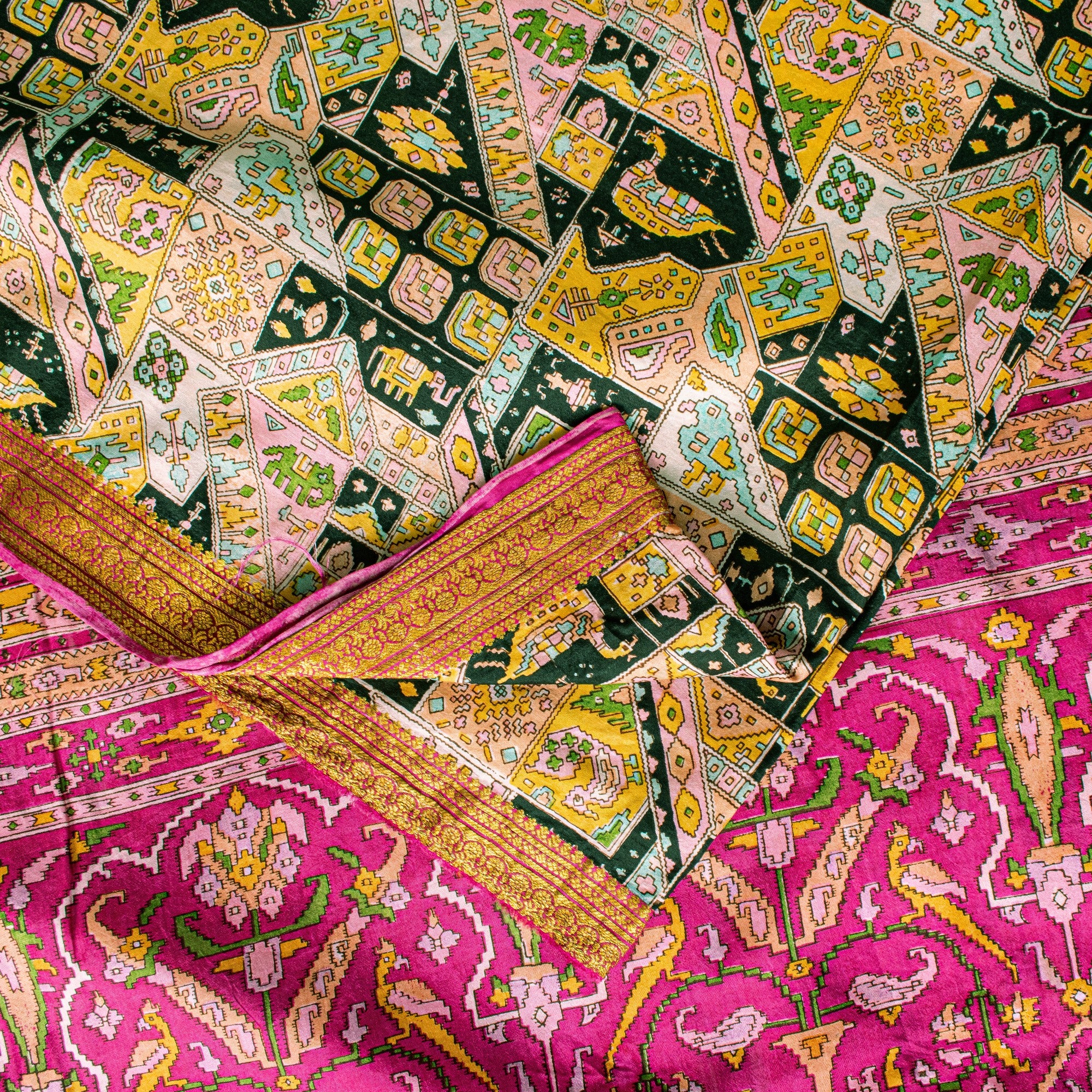 Sanskriti Vintage Pink Sari Soft Pure Silk Ikat Patola Print Gujrat Saree 5.5Yd