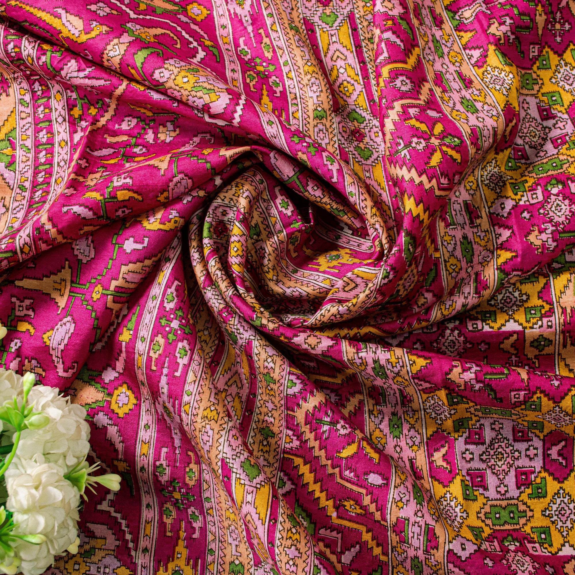 Sanskriti Vintage Pink Sari Soft Pure Silk Ikat Patola Print Gujrat Saree 5.5Yd