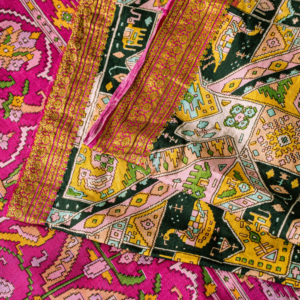 Sanskriti Vintage Pink Sari Soft Pure Silk Ikat Patola Print Gujrat Saree 5.5Yd