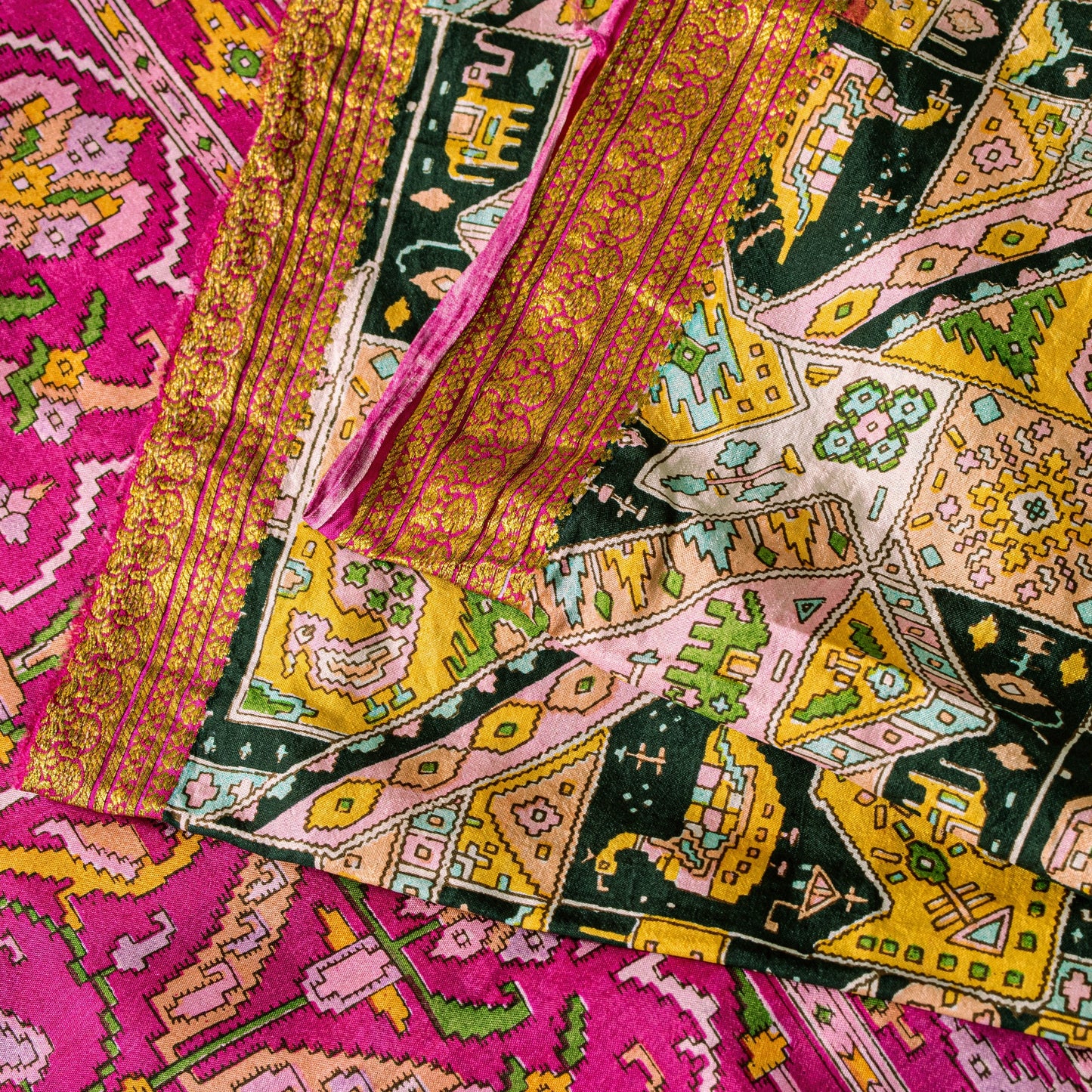 Sanskriti Vintage Pink Sari Soft Pure Silk Ikat Patola Print Gujrat Saree 5.5Yd