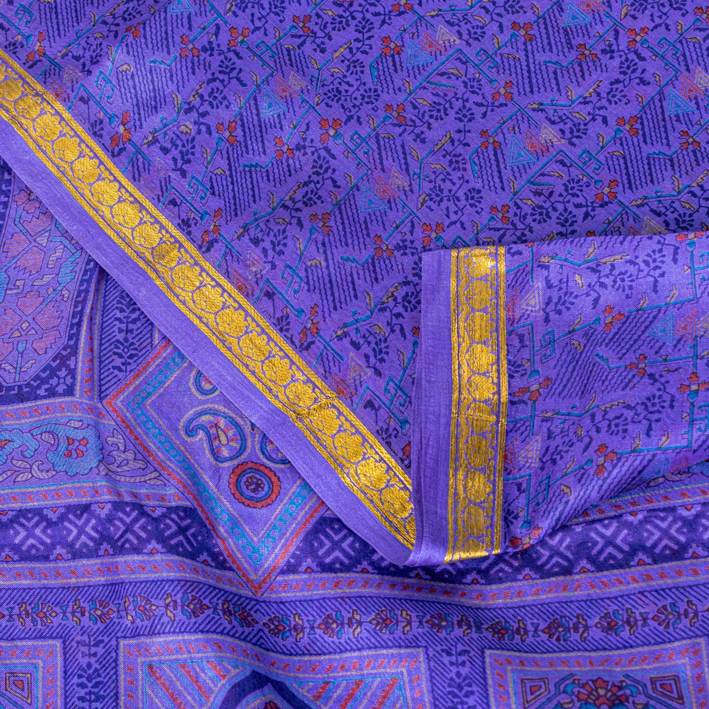 Sanskriti Vintage Purple Sari Soft Pure Silk Floral Print Zari Border Saree 6Yd