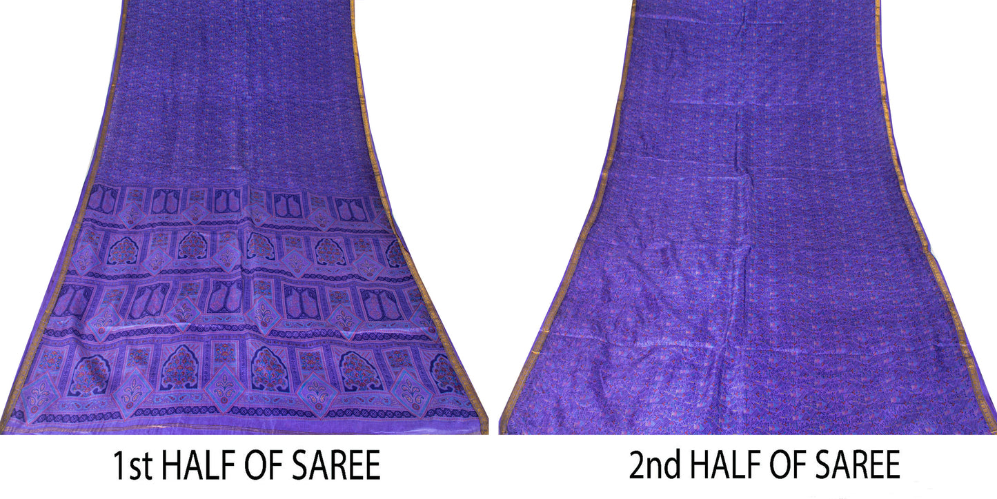 Sanskriti Vintage Purple Sari Soft Pure Silk Floral Print Zari Border Saree 6Yd