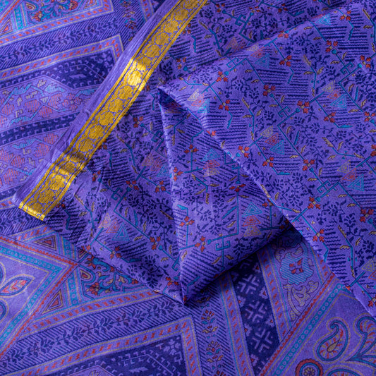 Sanskriti Vintage Purple Sari Soft Pure Silk Floral Print Zari Border Saree 6Yd