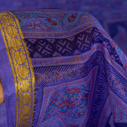 Sanskriti Vintage Purple Sari Soft Pure Silk Floral Print Zari Border Saree 6Yd