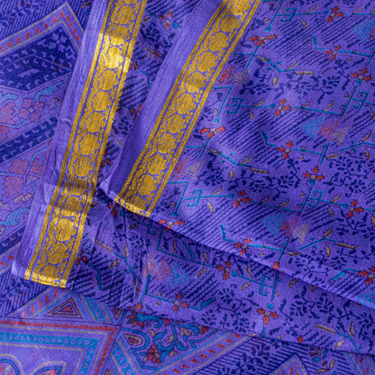 Sanskriti Vintage Purple Sari Soft Pure Silk Floral Print Zari Border Saree 6Yd