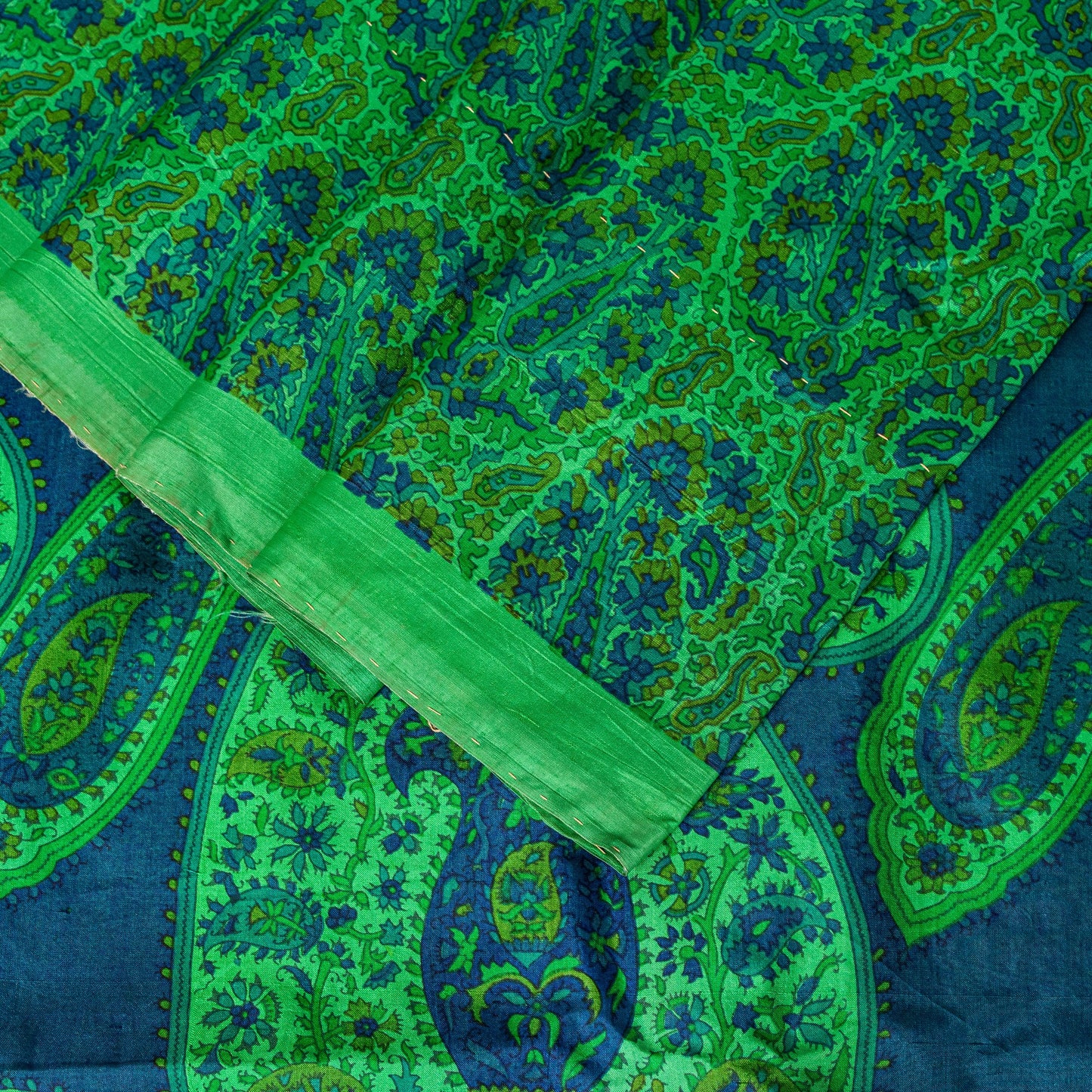 Sanskriti Vintage Green-Blue Sari Soft Pure Silk Paisley Printed Saree 5.5Yard
