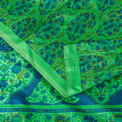 Sanskriti Vintage Green-Blue Sari Soft Pure Silk Paisley Printed Saree 5.5Yard