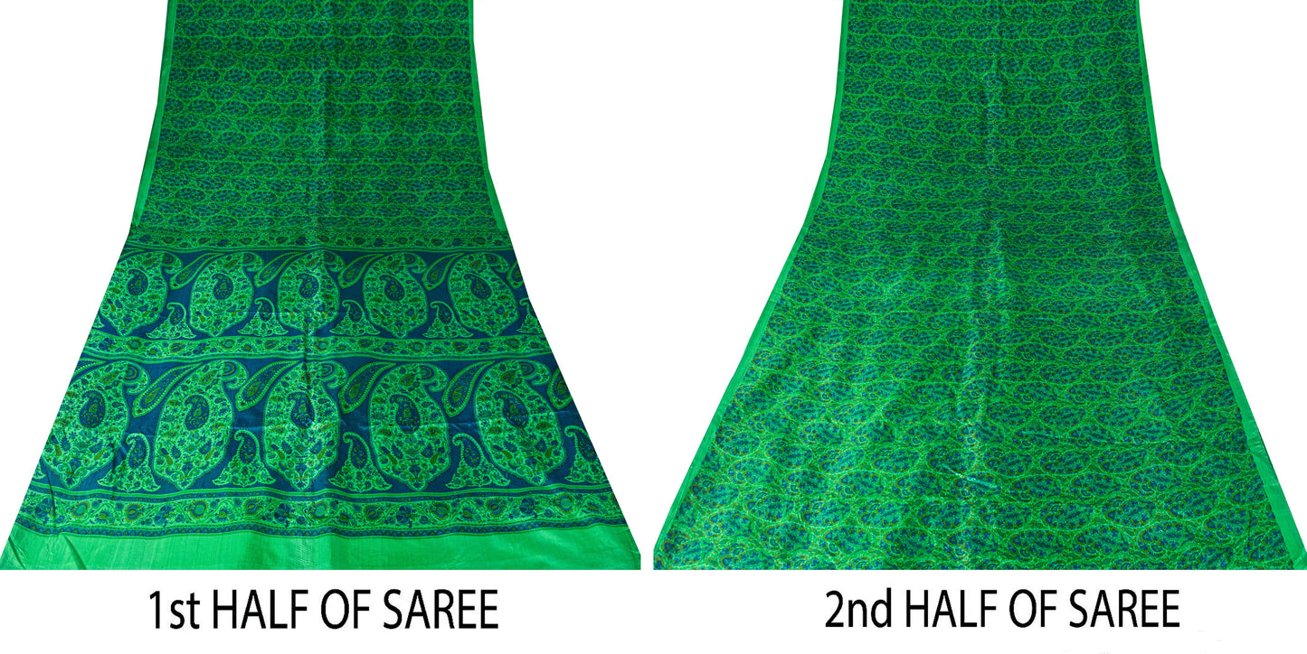 Sanskriti Vintage Green-Blue Sari Soft Pure Silk Paisley Printed Saree 5.5Yard