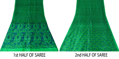 Sanskriti Vintage Green-Blue Sari Soft Pure Silk Paisley Printed Saree 5.5Yard