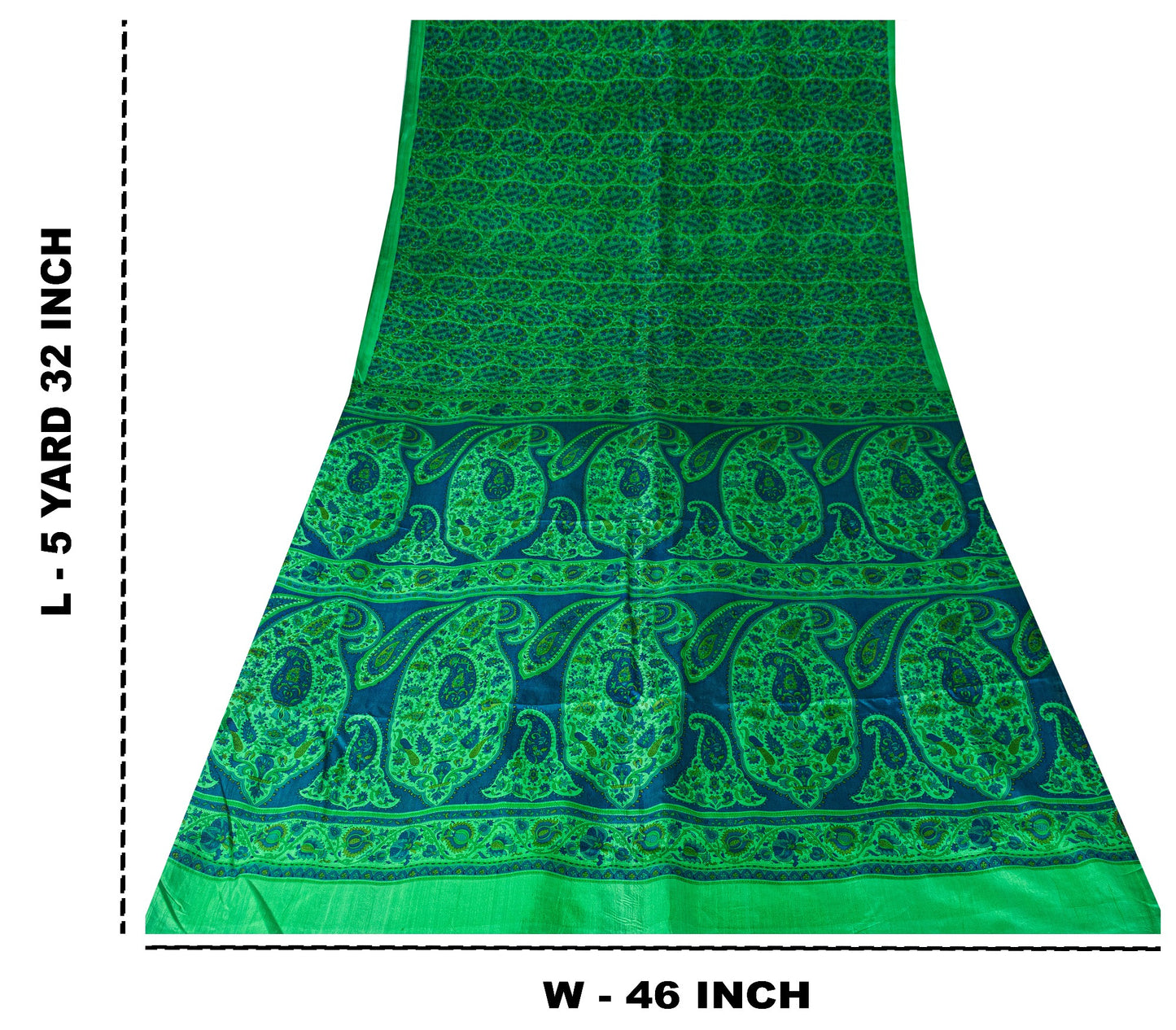 Sanskriti Vintage Green-Blue Sari Soft Pure Silk Paisley Printed Saree 5.5Yard