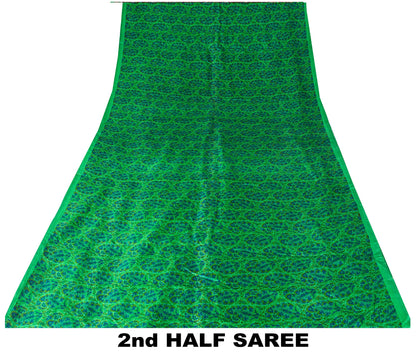 Sanskriti Vintage Green-Blue Sari Soft Pure Silk Paisley Printed Saree 5.5Yard
