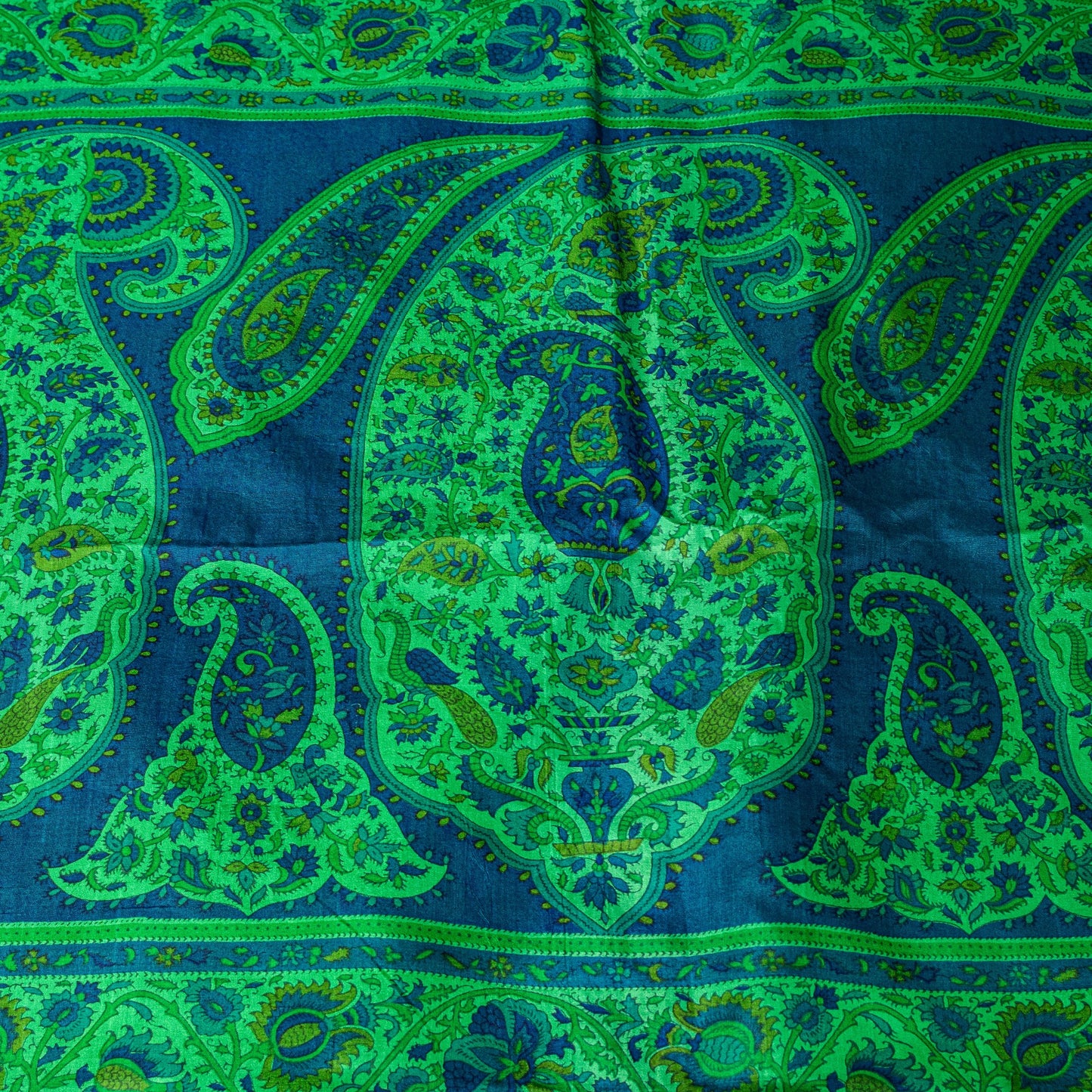 Sanskriti Vintage Green-Blue Sari Soft Pure Silk Paisley Printed Saree 5.5Yard