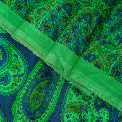 Sanskriti Vintage Green-Blue Sari Soft Pure Silk Paisley Printed Saree 5.5Yard
