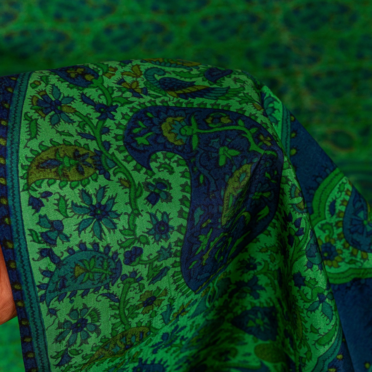 Sanskriti Vintage Green-Blue Sari Soft Pure Silk Paisley Printed Saree 5.5Yard