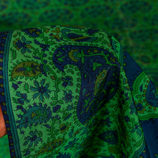 Sanskriti Vintage Green-Blue Sari Soft Pure Silk Paisley Printed Saree 5.5Yard