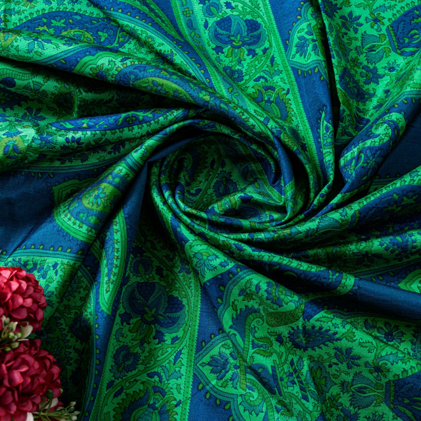Sanskriti Vintage Green-Blue Sari Soft Pure Silk Paisley Printed Saree 5.5Yard