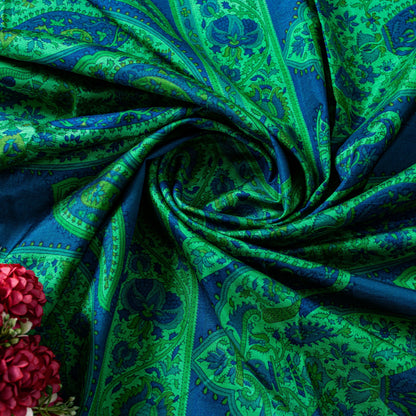 Sanskriti Vintage Green-Blue Sari Soft Pure Silk Paisley Printed Saree 5.5Yard