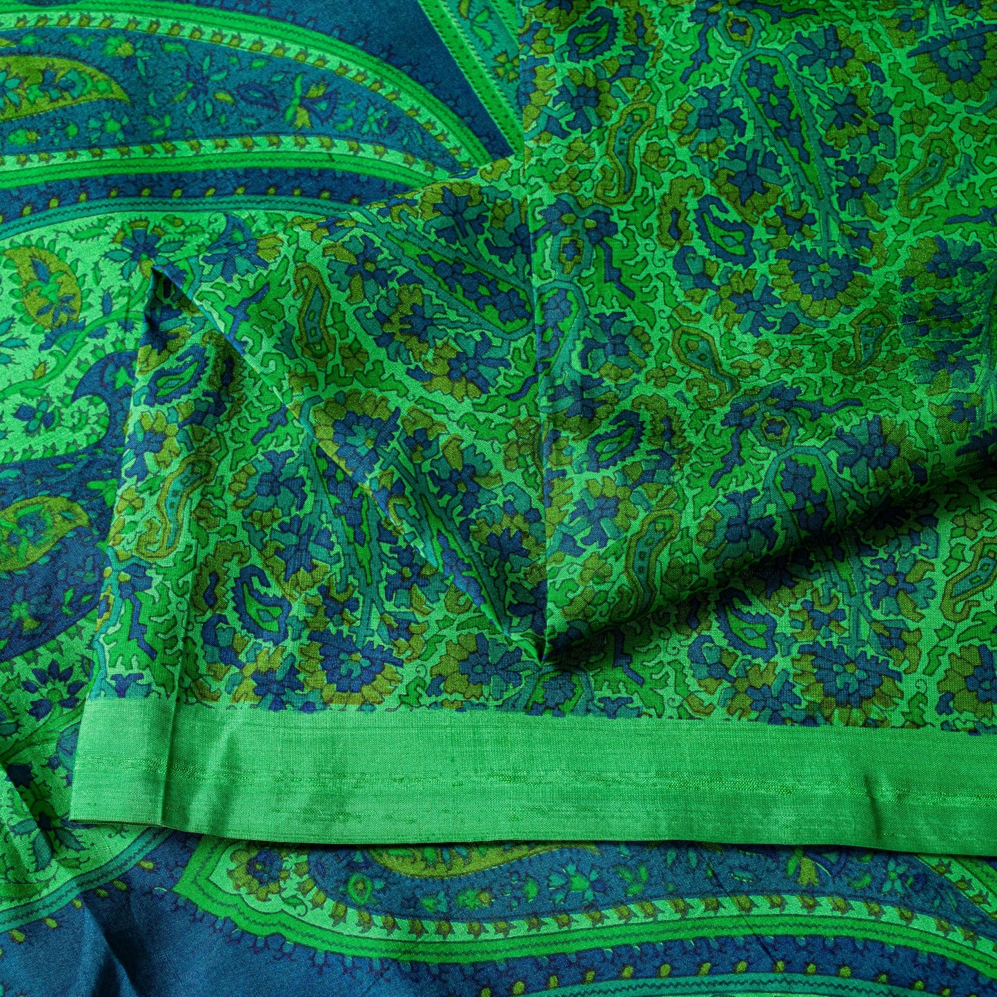 Sanskriti Vintage Green-Blue Sari Soft Pure Silk Paisley Printed Saree 5.5Yard