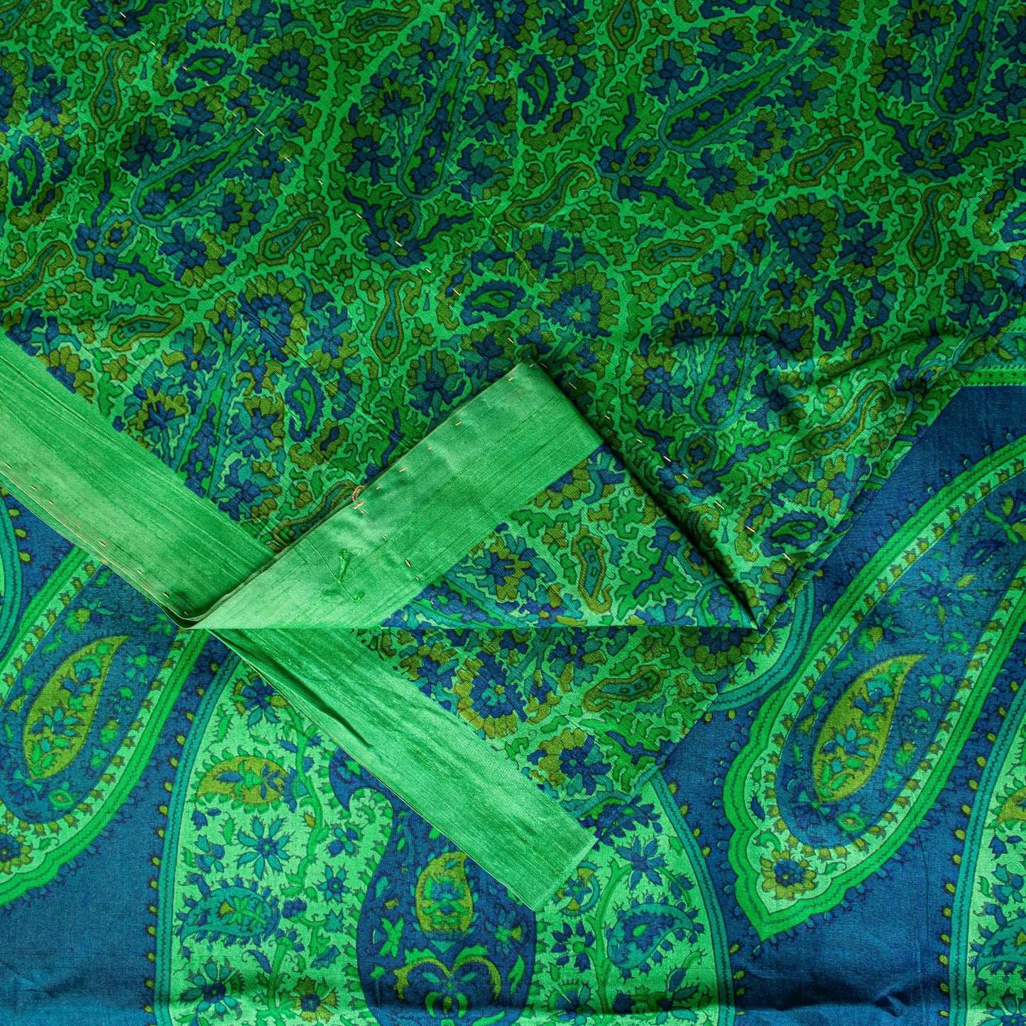 Sanskriti Vintage Green-Blue Sari Soft Pure Silk Paisley Printed Saree 5.5Yard
