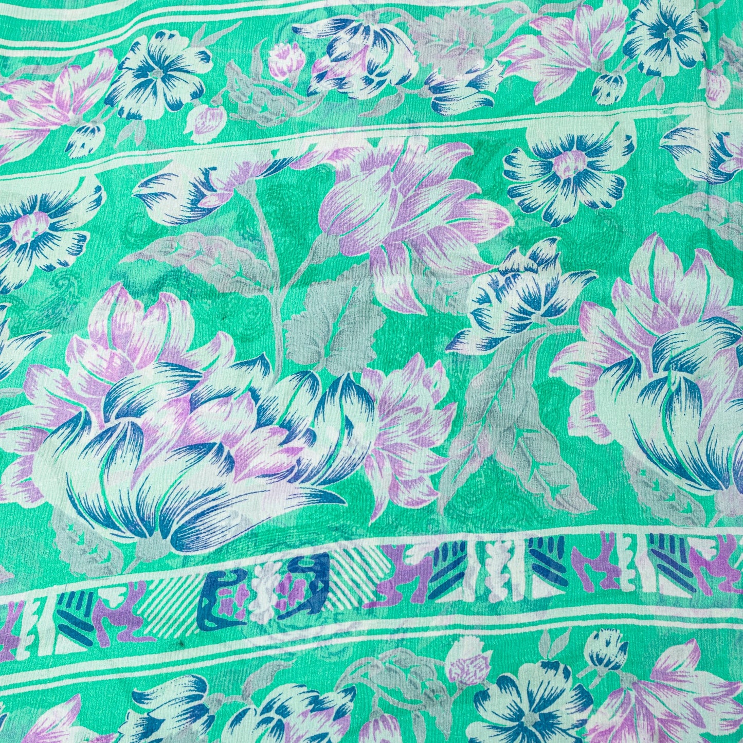 Sanskriti Vintage Green Sari Soft Pure Chiffon Silk Floral Print Saree 6YD Craft