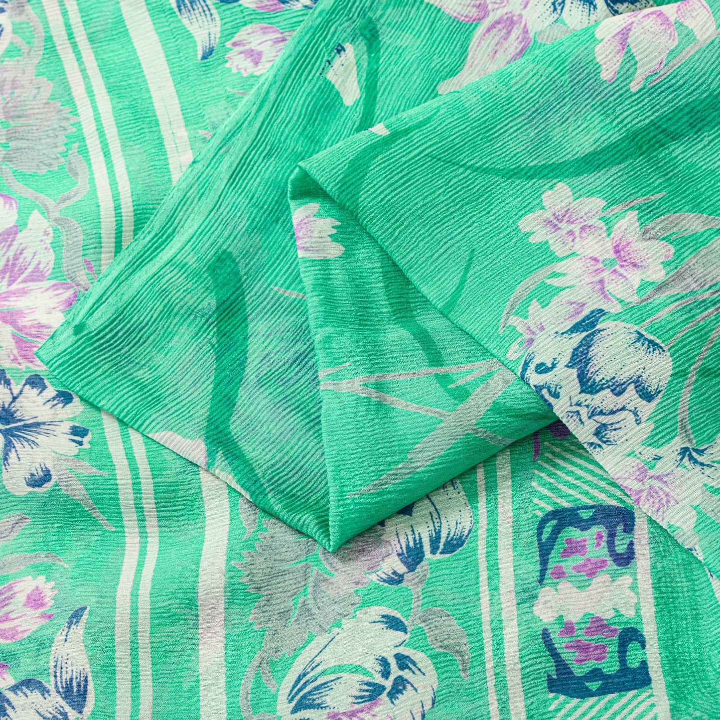 Sanskriti Vintage Green Sari Soft Pure Chiffon Silk Floral Print Saree 6YD Craft