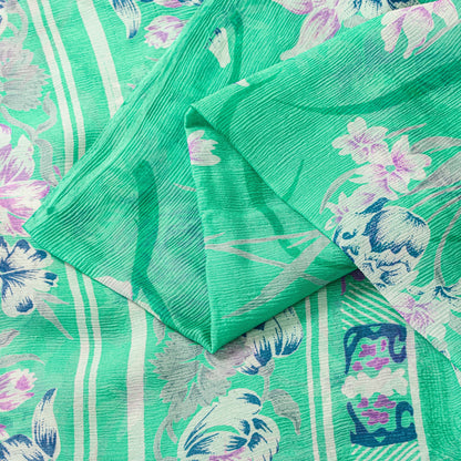Sanskriti Vintage Green Sari Soft Pure Chiffon Silk Floral Print Saree 6YD Craft