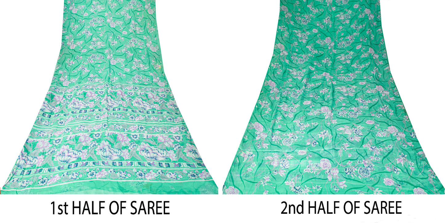 Sanskriti Vintage Green Sari Soft Pure Chiffon Silk Floral Print Saree 6YD Craft