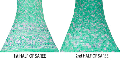 Sanskriti Vintage Green Sari Soft Pure Chiffon Silk Floral Print Saree 6YD Craft