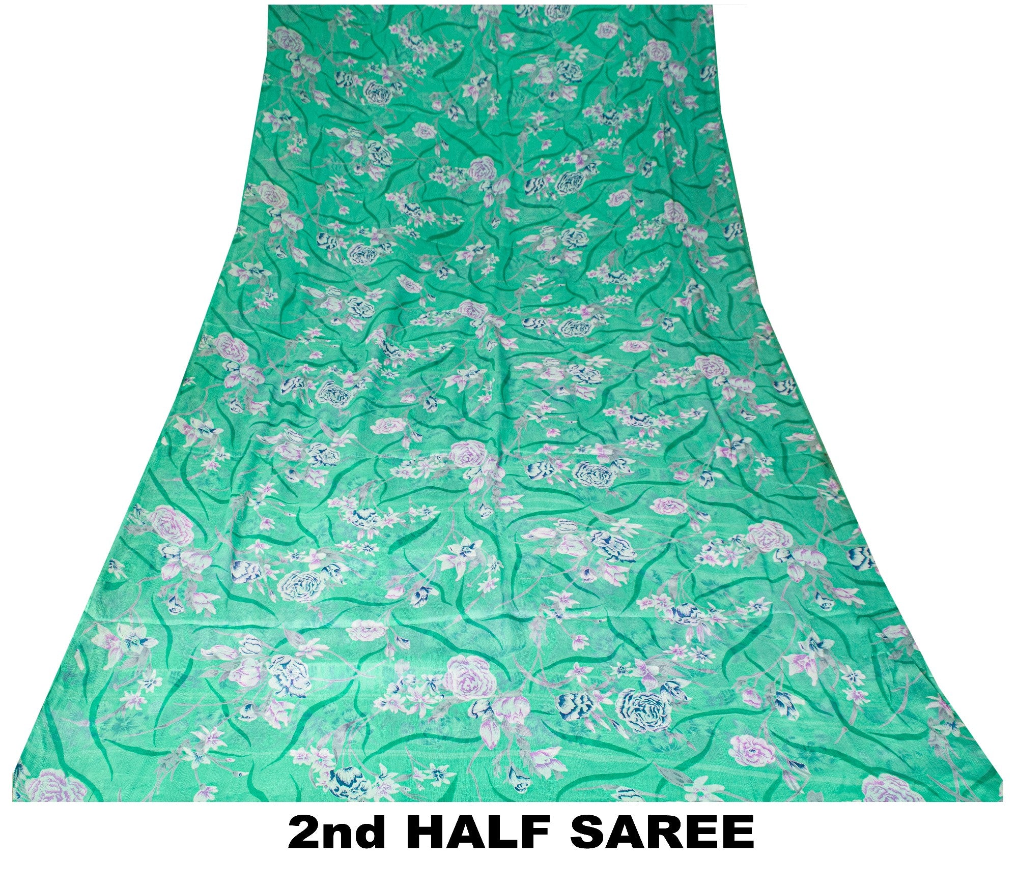 Sanskriti Vintage Green Sari Soft Pure Chiffon Silk Floral Print Saree 6YD Craft