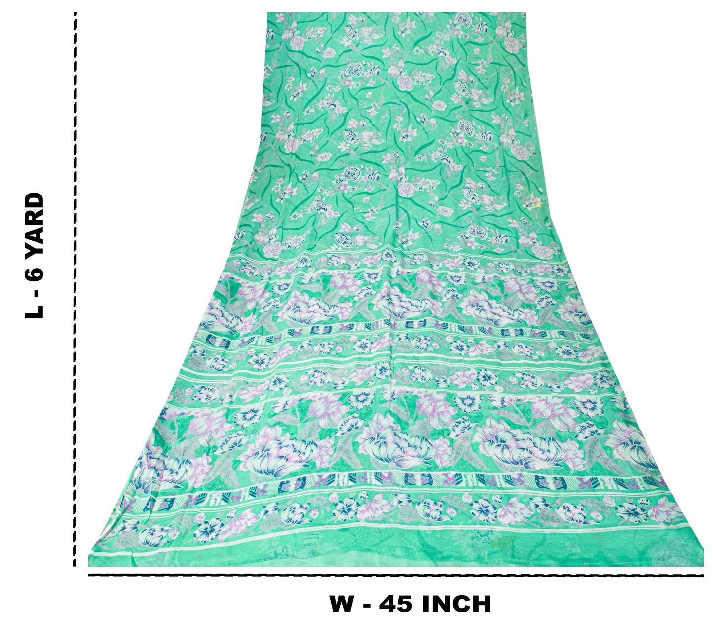 Sanskriti Vintage Green Sari Soft Pure Chiffon Silk Floral Print Saree 6YD Craft