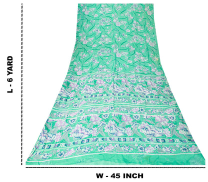 Sanskriti Vintage Green Sari Soft Pure Chiffon Silk Floral Print Saree 6YD Craft
