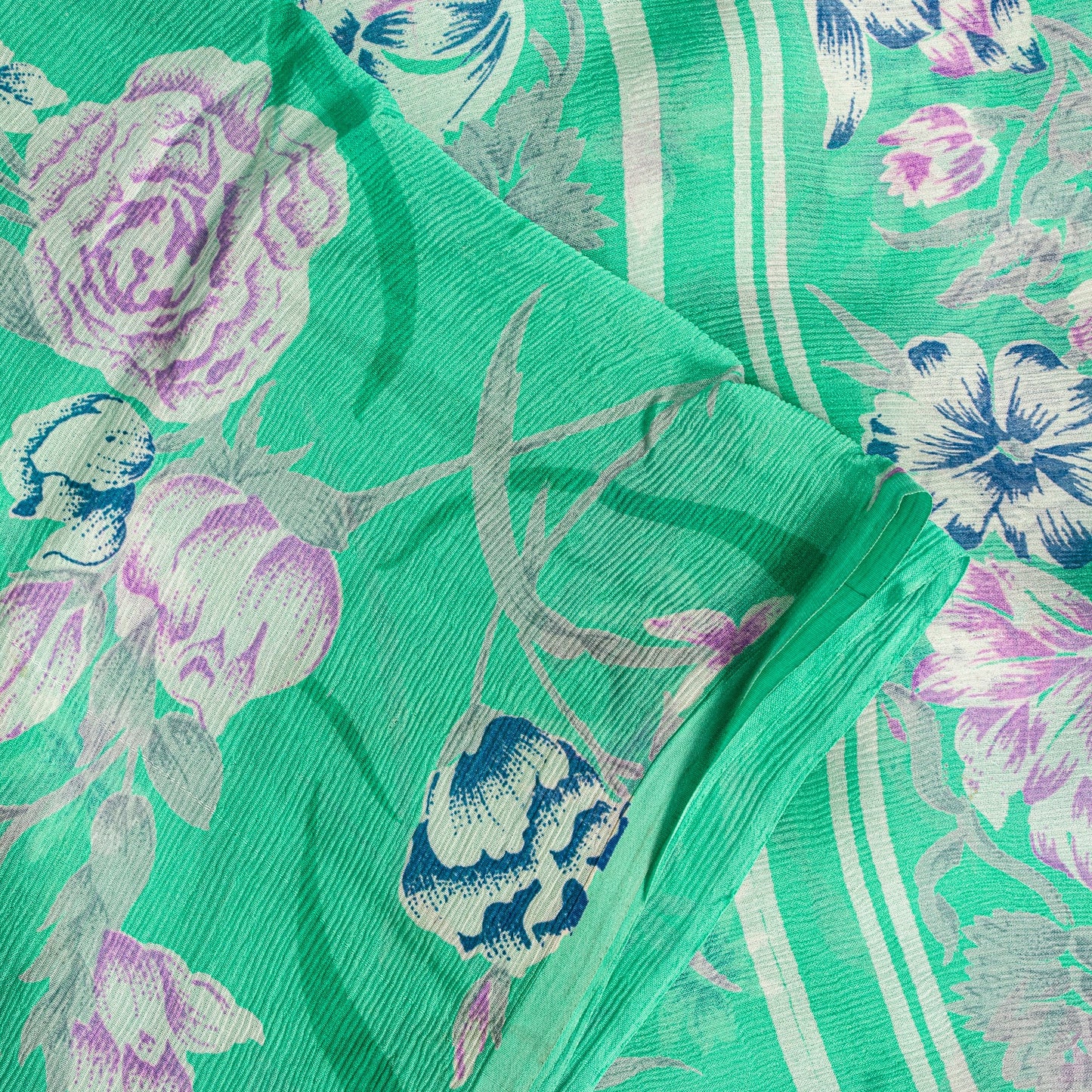Sanskriti Vintage Green Sari Soft Pure Chiffon Silk Floral Print Saree 6YD Craft
