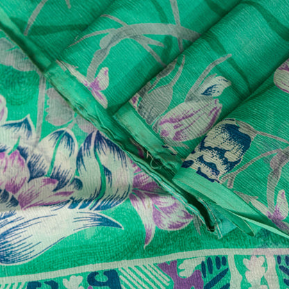 Sanskriti Vintage Green Sari Soft Pure Chiffon Silk Floral Print Saree 6YD Craft