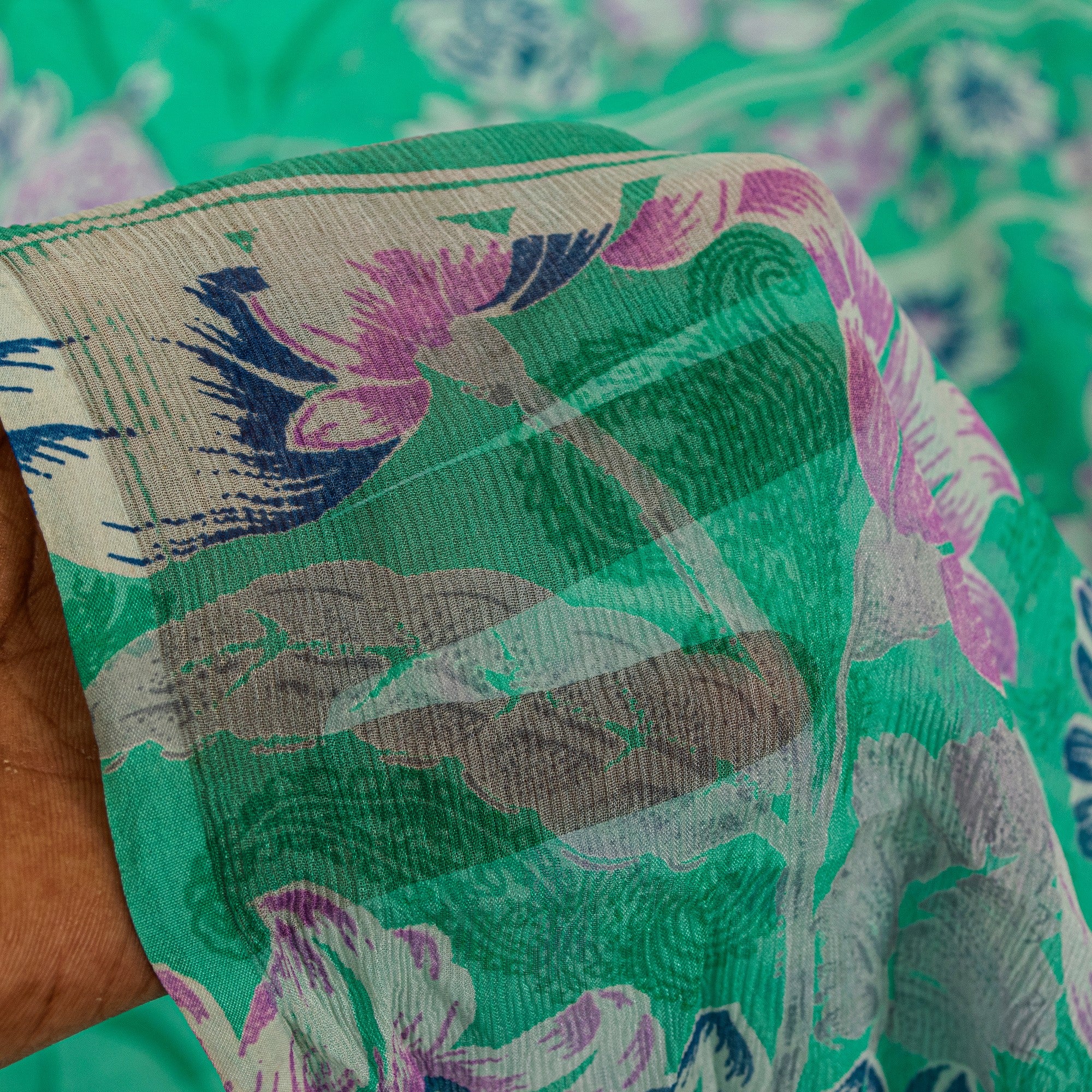 Sanskriti Vintage Green Sari Soft Pure Chiffon Silk Floral Print Saree 6YD Craft