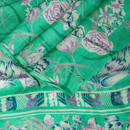 Sanskriti Vintage Green Sari Soft Pure Chiffon Silk Floral Print Saree 6YD Craft