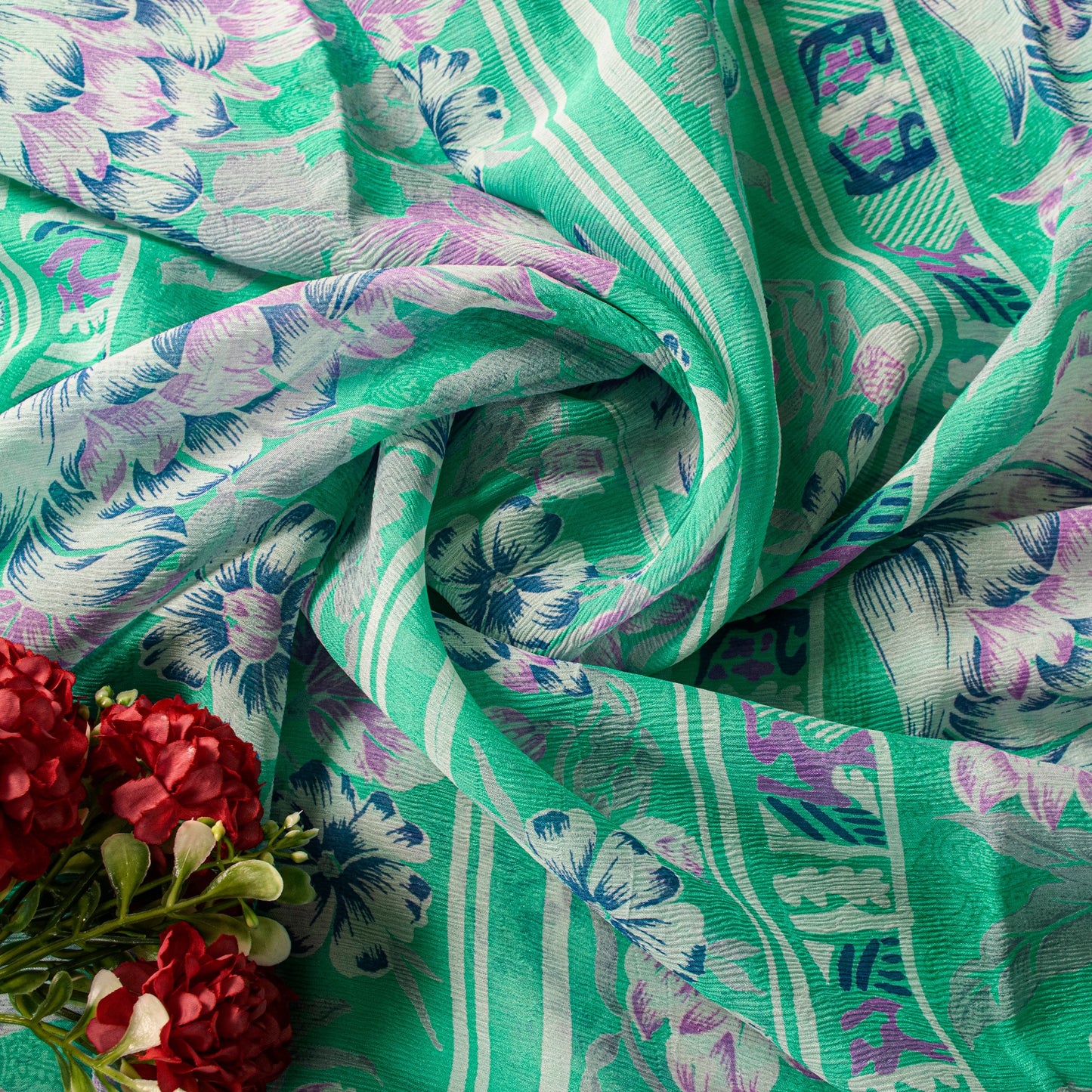 Sanskriti Vintage Green Sari Soft Pure Chiffon Silk Floral Print Saree 6YD Craft