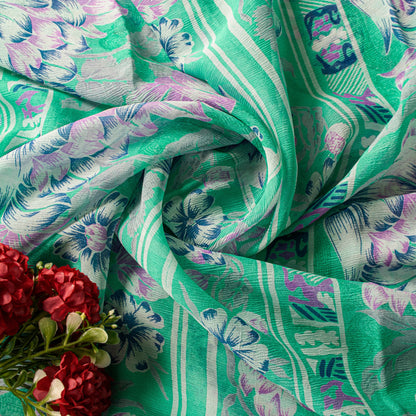 Sanskriti Vintage Green Sari Soft Pure Chiffon Silk Floral Print Saree 6YD Craft